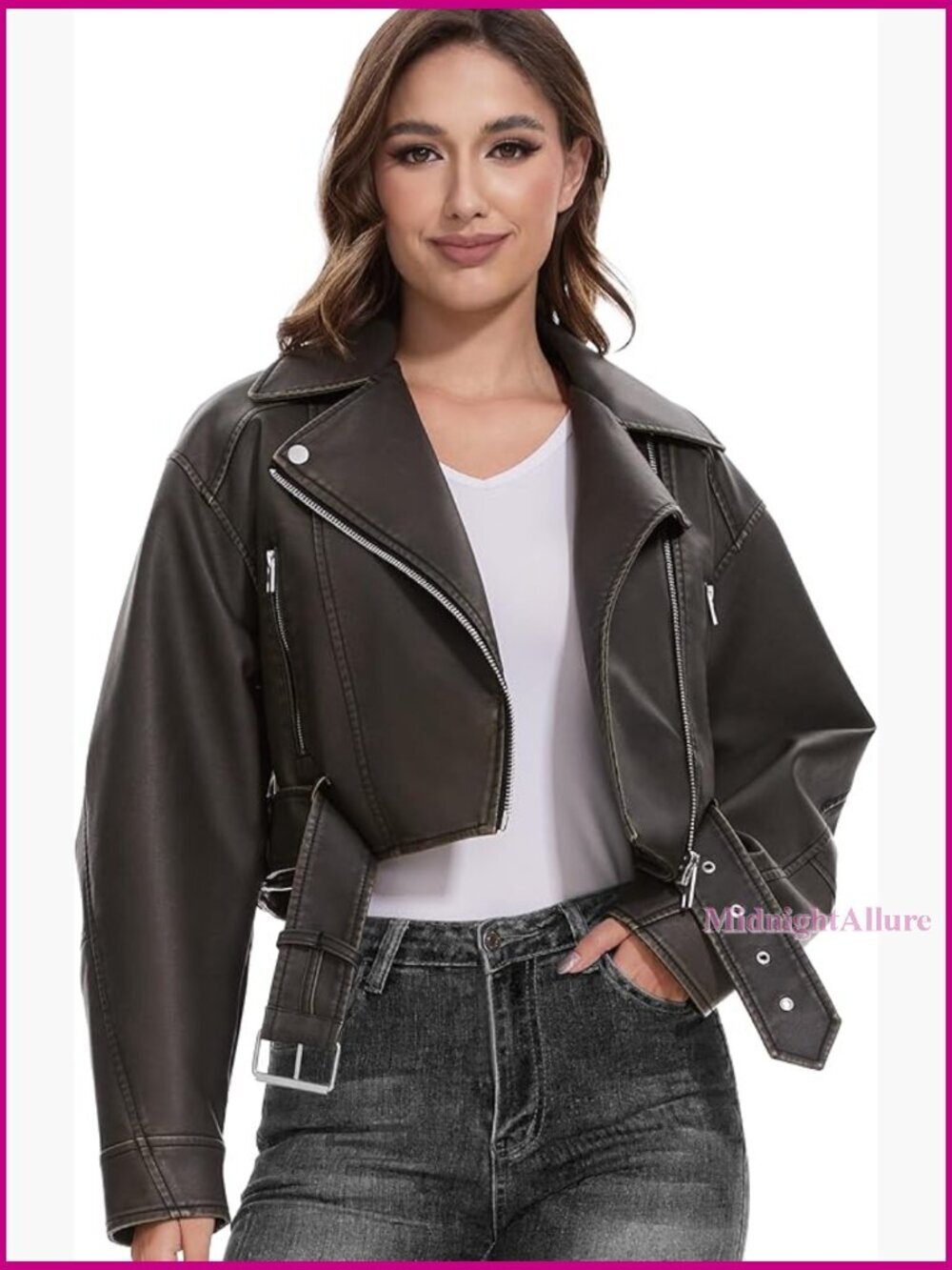 Faux Leather Motorcycle Jacket, Slim Fit, Long Sleeve, Zipper Closure